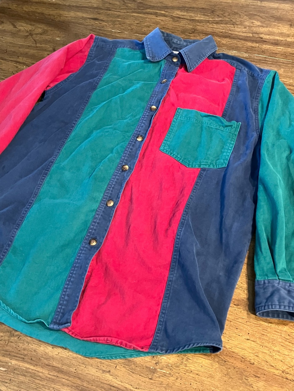 Vtg Colorblock Button Up Cotton Shirt Womens Small Navy Red Green 90s Preppy
